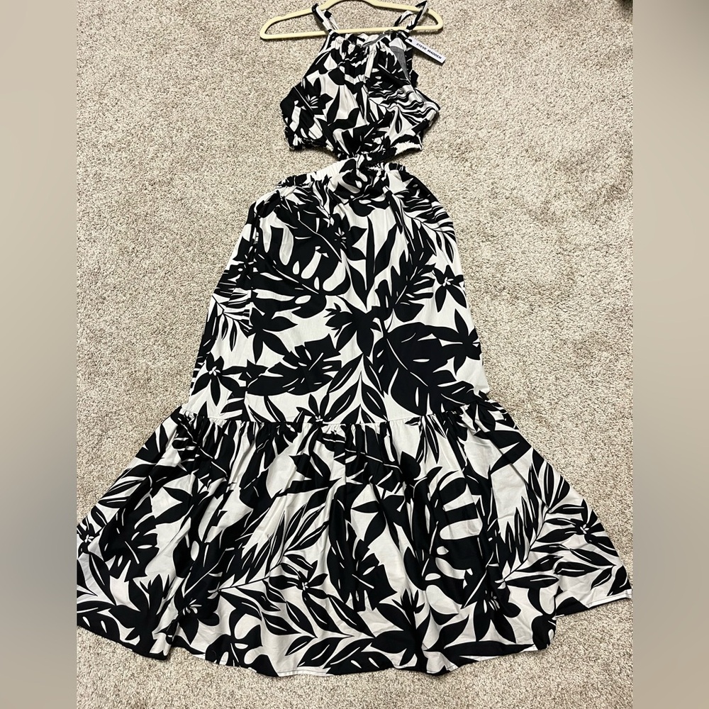 NWT Steve Madden Jules Ivory/Black Tropical Print Cutout Dress